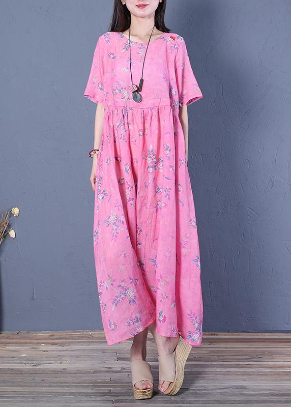Women rose print chiffon Robes o neck Cinched Maxi Dresses - SooLinen