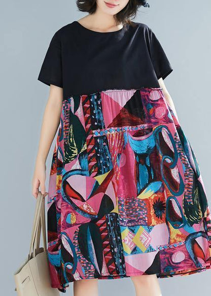 Women rose prints linen clothes linen o neck oversized summer Dress - SooLinen