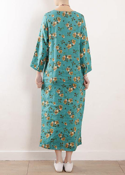 Women side open linen clothes For Women Shape blue floral Dress summer - SooLinen