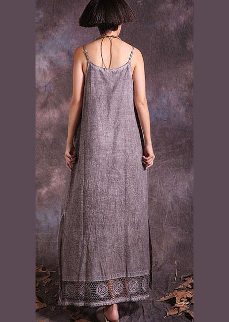 Women side open linen dress Fabrics khaki sleeveless Dresses summer - SooLinen