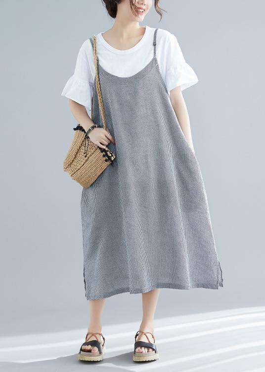 Women sleeveless cotton clothes For Women Tunic Tops plaid A Line Dresses summer - SooLinen