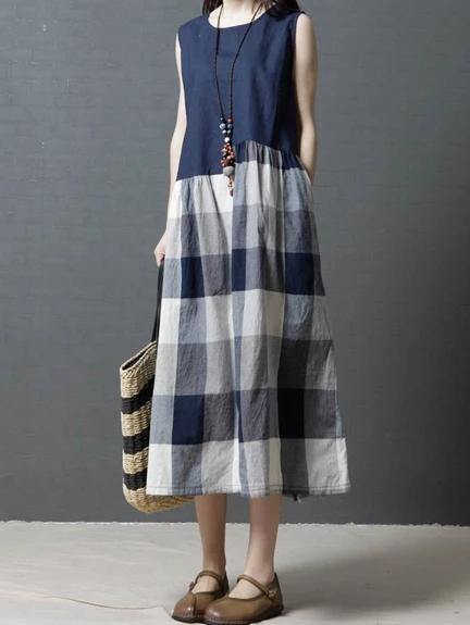 Women sleeveless linen clothes For Wardrobes blue patchwork Plaid Dresses - SooLinen