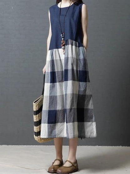 Women sleeveless linen clothes For Wardrobes blue patchwork Plaid Dresses - SooLinen