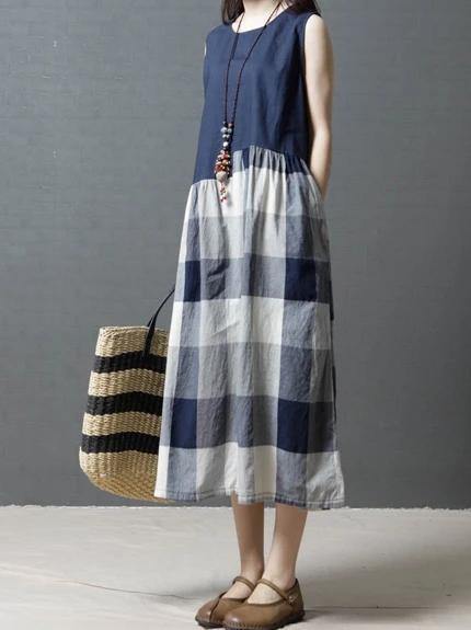 Women sleeveless linen clothes For Wardrobes blue patchwork Plaid Dresses - SooLinen