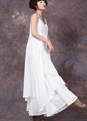 Women sleeveless linen dresses Sewing white asymmetric hem Dresses summer - SooLinen