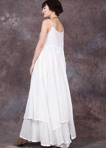 Women sleeveless linen dresses Sewing white asymmetric hem Dresses summer - SooLinen