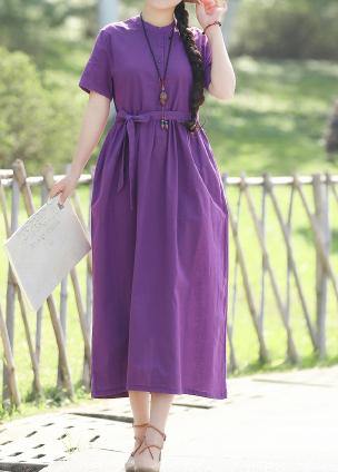 Women stand collar cotton dresses linen purple Dresses summer - SooLinen