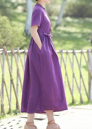 Women stand collar cotton dresses linen purple Dresses summer - SooLinen