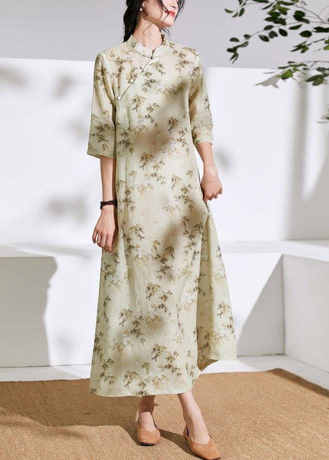 Women stand collar half sleeve linen dress Fabrics light yellow print Dress - SooLinen