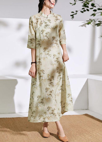 Women stand collar half sleeve linen dress Fabrics light yellow print Dress - SooLinen