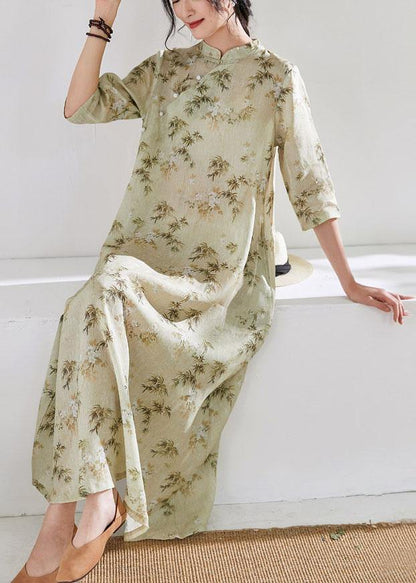 Women stand collar half sleeve linen dress Fabrics light yellow print Dress - SooLinen