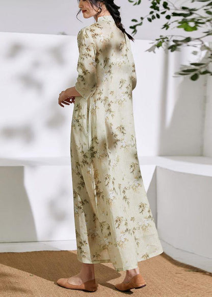 Women stand collar half sleeve linen dress Fabrics light yellow print Dress - SooLinen