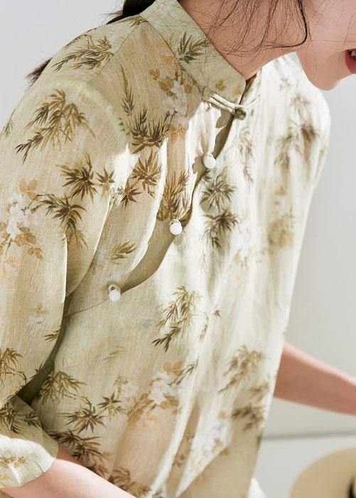 Women stand collar half sleeve linen dress Fabrics light yellow print Dress - SooLinen