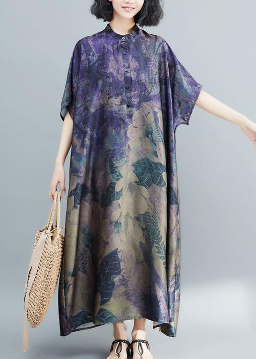 Women stand collar tunic dress Runway dark purple print Robe Dress summer - SooLinen