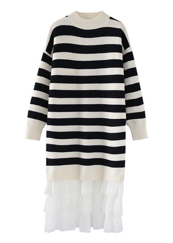 Women striped Sweater weather fashion patchwork Fuzzy knit dress - SooLinen