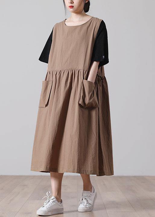 Women tie waist Khaki Cotton big hem Summer Holiday Dress - SooLinen