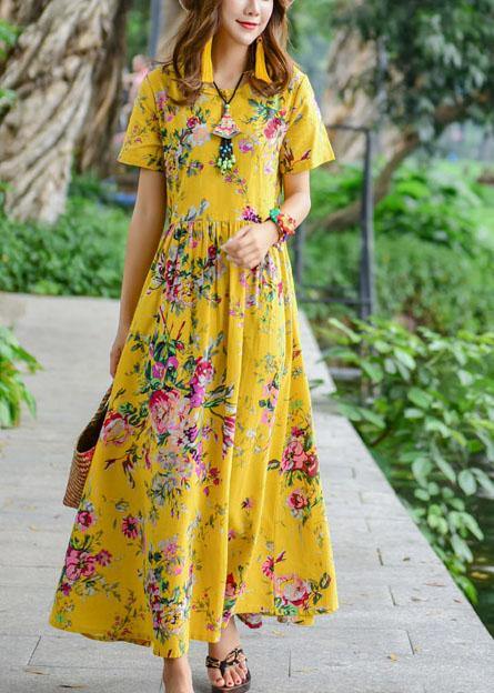 Women tie waist cotton quilting dresses design yellow print Dresses summer - SooLinen