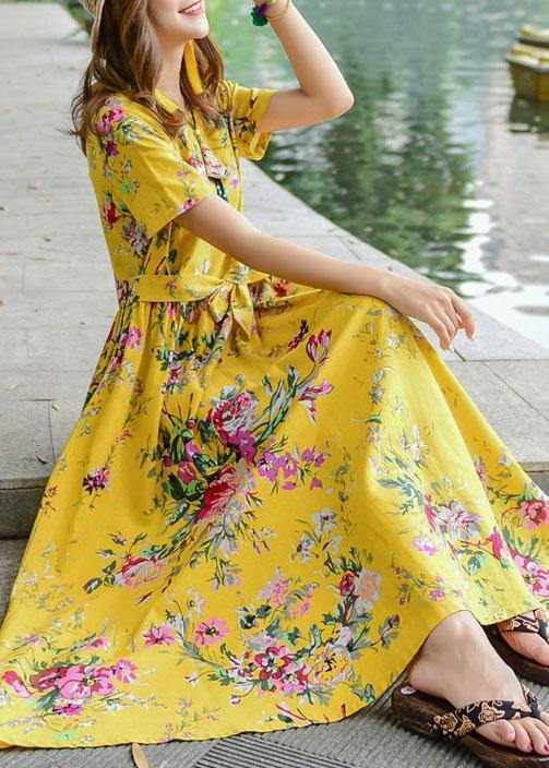 Women tie waist cotton quilting dresses design yellow print Dresses summer - SooLinen