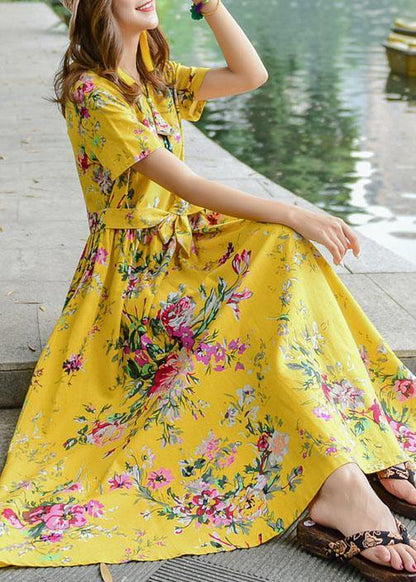 Women tie waist cotton quilting dresses design yellow print Dresses summer - SooLinen
