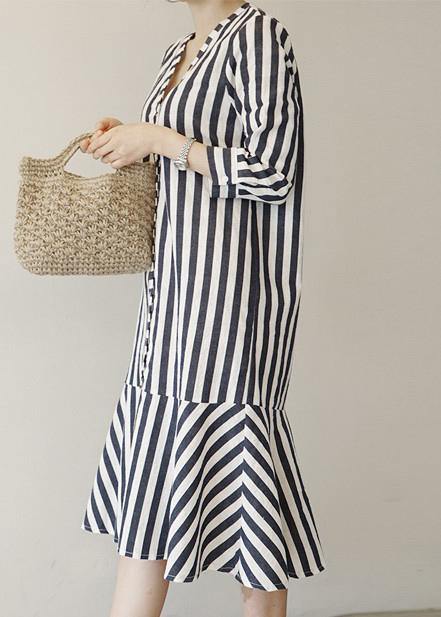 Women v neck Ruffles Cotton clothes Neckline striped Dresses - SooLinen