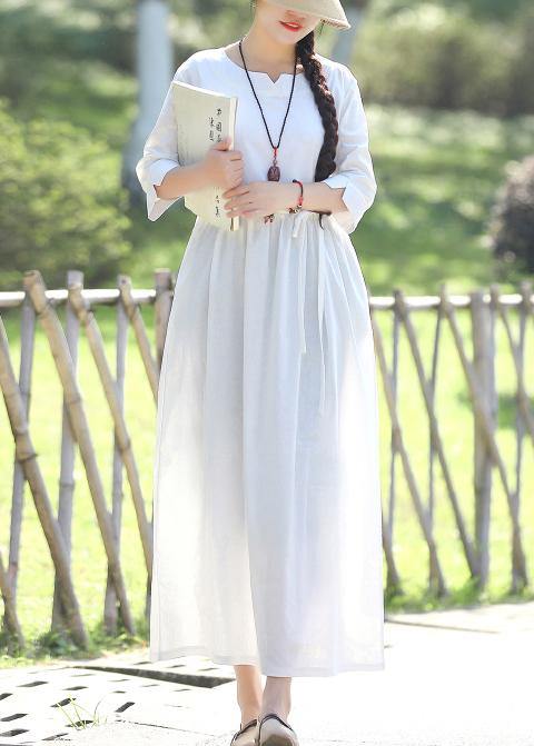 Women v neck Three Quarter sleeve linen cotton Long Shirts Vintage Tutorials white Traveling Dresses Summer - SooLinen