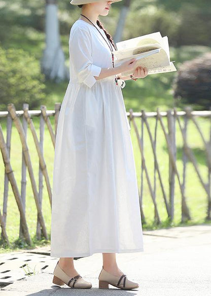 Women v neck Three Quarter sleeve linen cotton Long Shirts Vintage Tutorials white Traveling Dresses Summer - SooLinen
