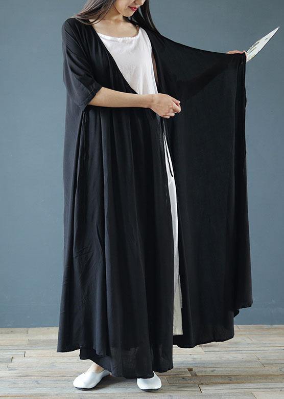 Women v neck asymmetric cotton summer Tunics pattern black Maxi Dresses - SooLinen
