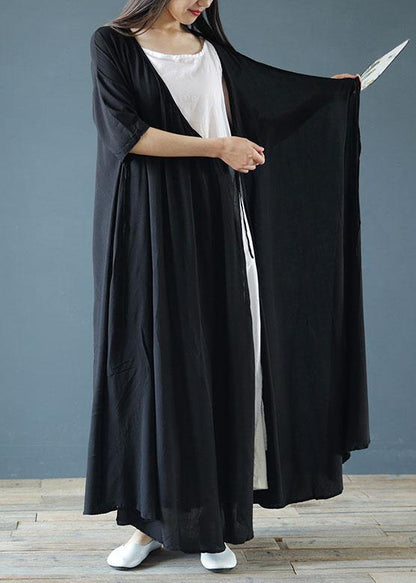 Women v neck asymmetric cotton summer Tunics pattern black Maxi Dresses - SooLinen