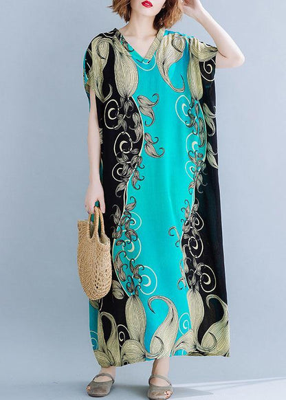 Women v neck cotton summer dresses Catwalk green print cotton robes Dress - SooLinen