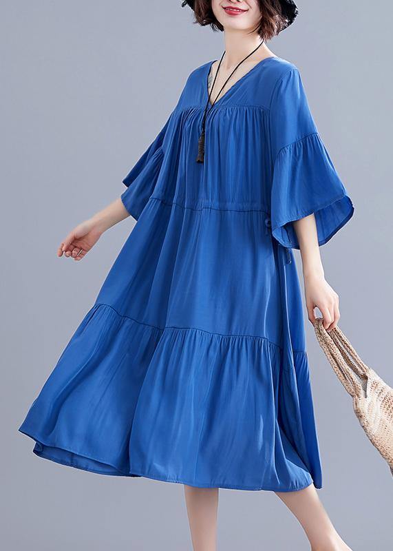 Women v neck drawstring Cotton Catwalk blue Dress summer - SooLinen