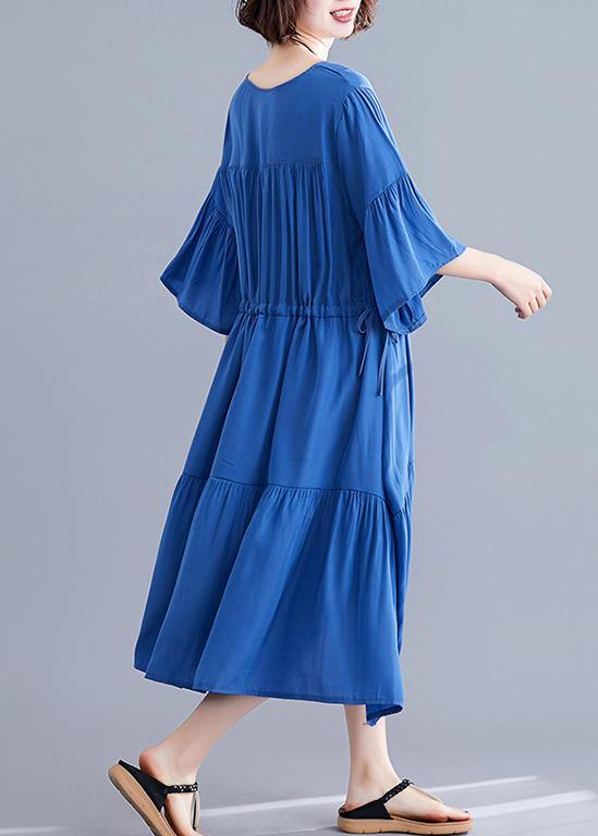 Women v neck drawstring Cotton Catwalk blue Dress summer - SooLinen