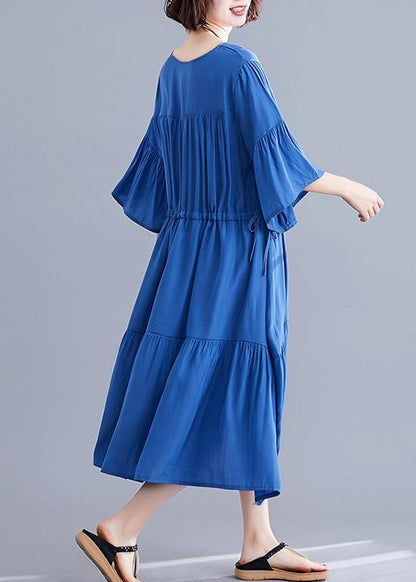 Women v neck drawstring Cotton Catwalk blue Dress summer - SooLinen