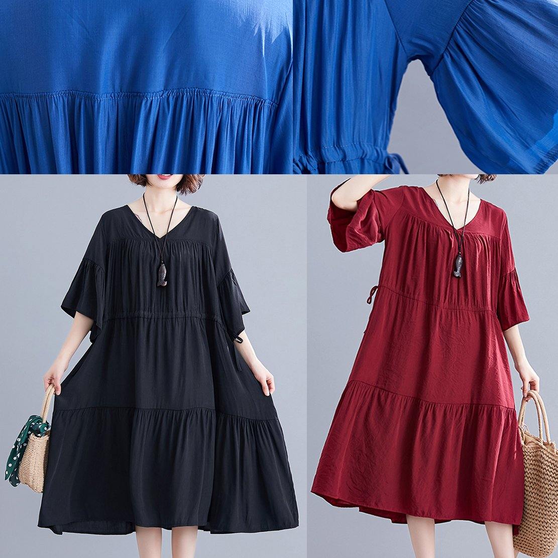 Women v neck drawstring Cotton Catwalk blue Dress summer - SooLinen