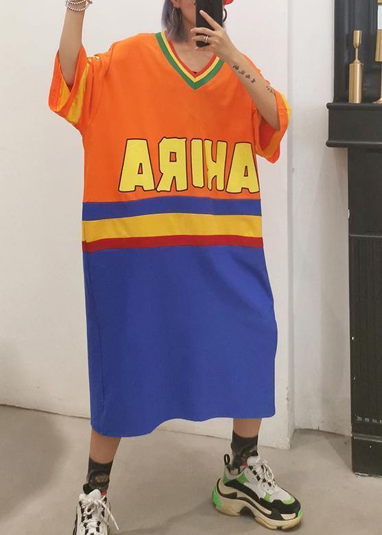 Women v neck half sleeve cotton clothes Inspiration orange blue patchwork Plus Size Dress summer - SooLinen