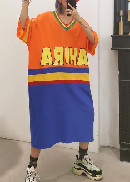 Women v neck half sleeve cotton clothes Inspiration orange blue patchwork Plus Size Dress summer - SooLinen