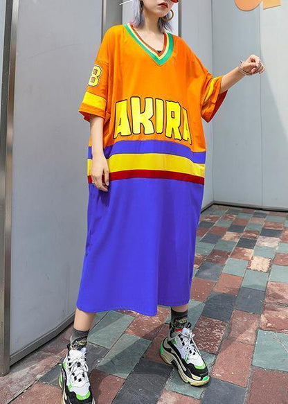 Women v neck half sleeve cotton clothes Inspiration orange blue patchwork Plus Size Dress summer - SooLinen