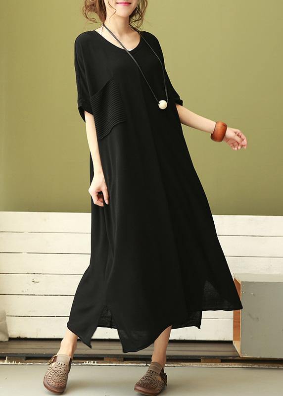 Women v neck linen dress Shirts light gray Dress side open summer - SooLinen