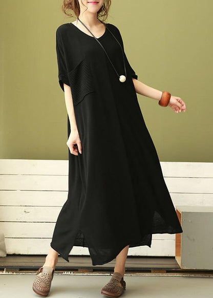 Women v neck linen dress Shirts light gray Dress side open summer - SooLinen