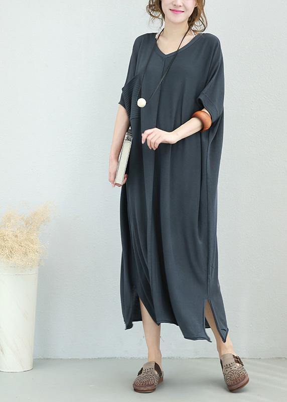 Women v neck linen dress Shirts light gray Dress side open summer - SooLinen