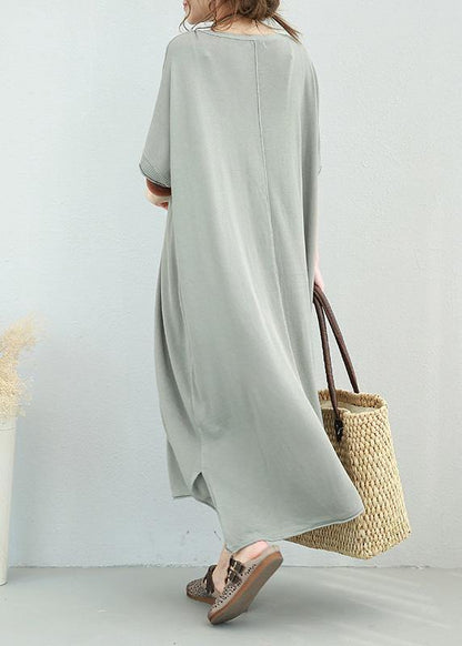 Women v neck linen dress Shirts light gray Dress side open summer - SooLinen