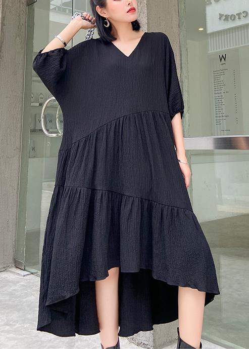 Women v neck low high design cotton summer black Kaftan Dress - SooLinen