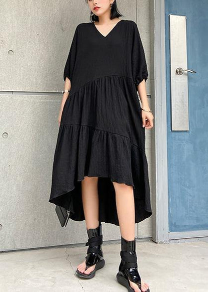 Women v neck low high design cotton summer black Kaftan Dress - SooLinen