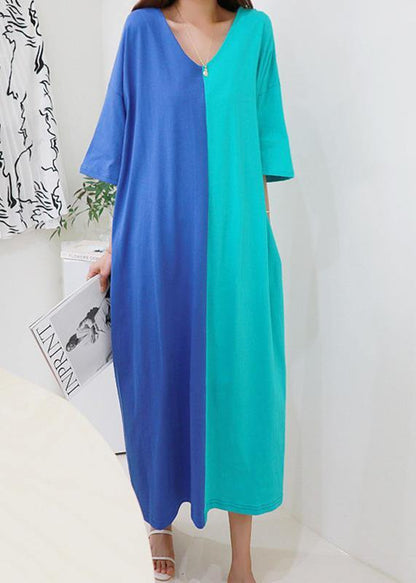 Women v neck patchwork cotton Tunics Tunic Tops pink Kaftan Dress - SooLinen