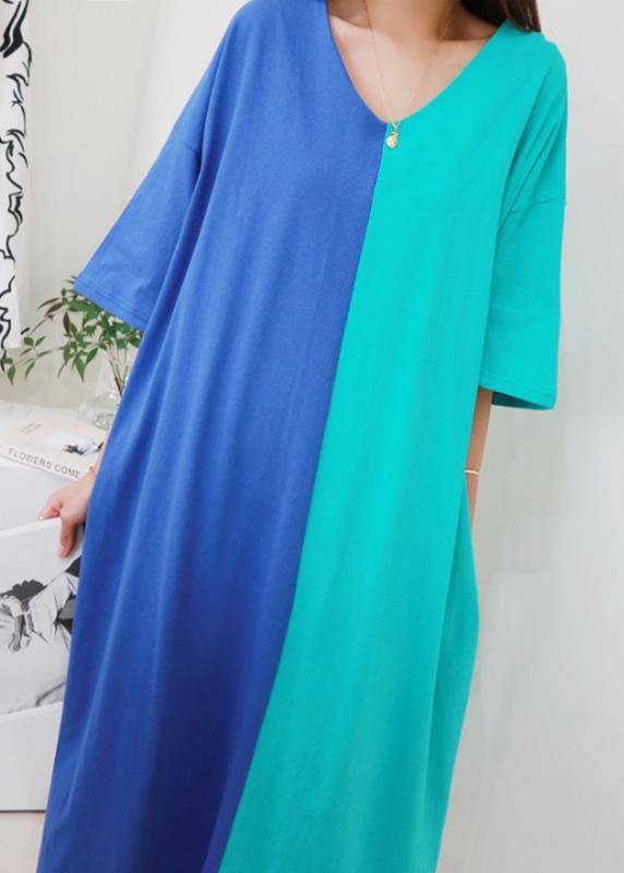 Women v neck patchwork cotton Tunics Tunic Tops pink Kaftan Dress - SooLinen