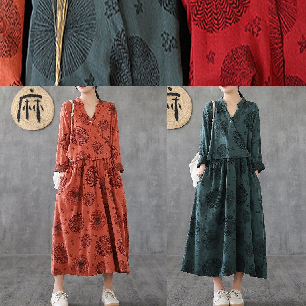 Women v neck patchwork cotton clothes red embroidery long Dresses - SooLinen