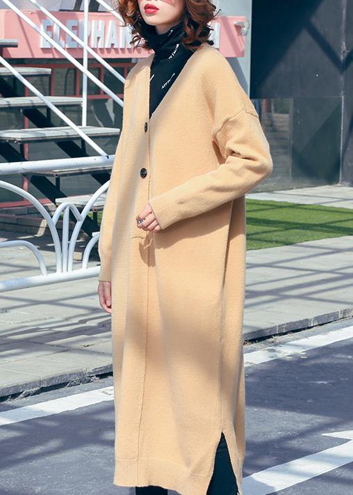 Women v neck side open Sweater outfits Classy khaki Hipster sweater dress - SooLinen