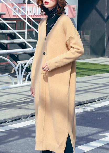Women v neck side open Sweater outfits Classy khaki Hipster sweater dress - SooLinen