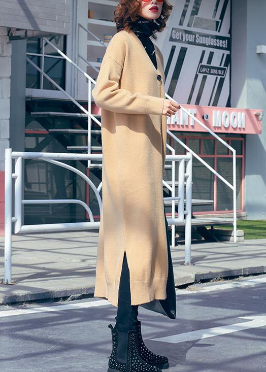 Women v neck side open Sweater outfits Classy khaki Hipster sweater dress - SooLinen