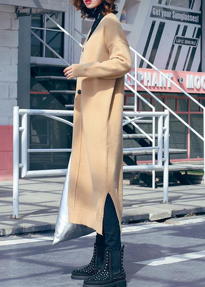 Women v neck side open Sweater outfits Classy khaki Hipster sweater dress - SooLinen