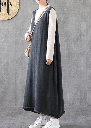Women v neck sleeveless Tunics Fabrics gray long Dresses spring - SooLinen